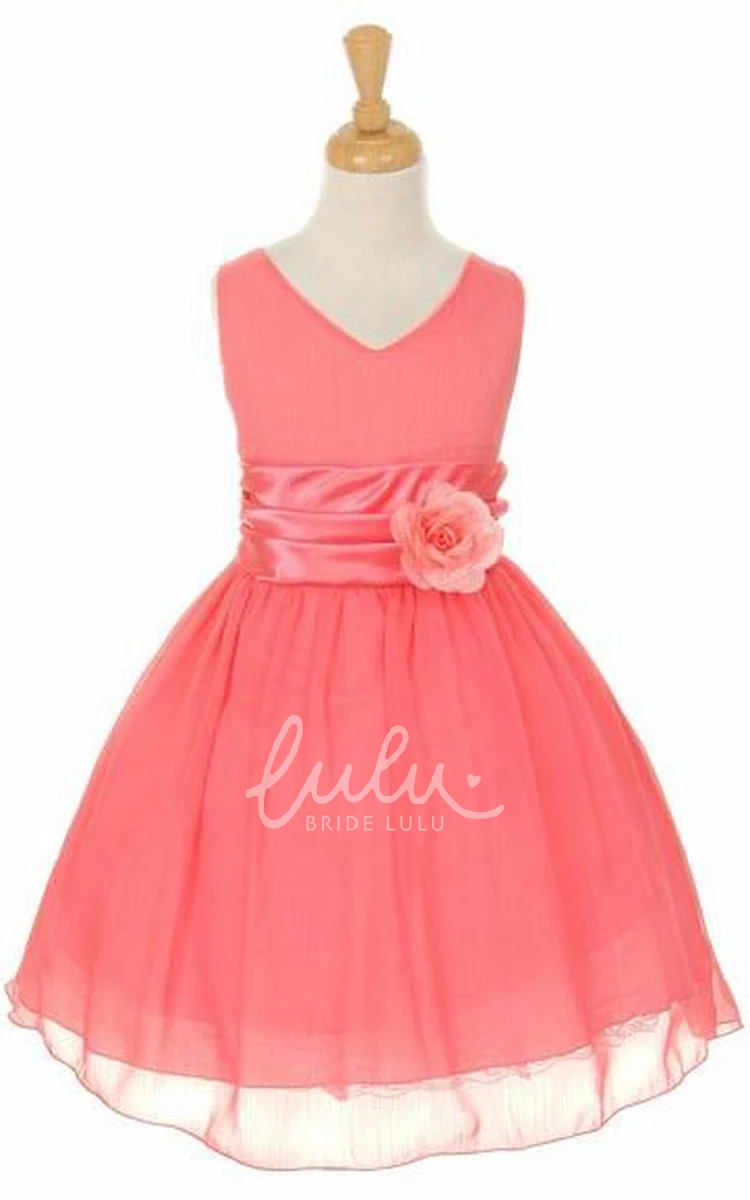 Chiffon Satin Flower Girl Dress with V-Neck and Tiered Skirt