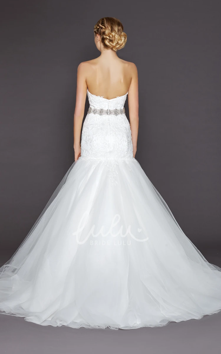 Jeweled Sweetheart Trumpet Lace and Tulle Wedding Dress with Appliques and V-Back