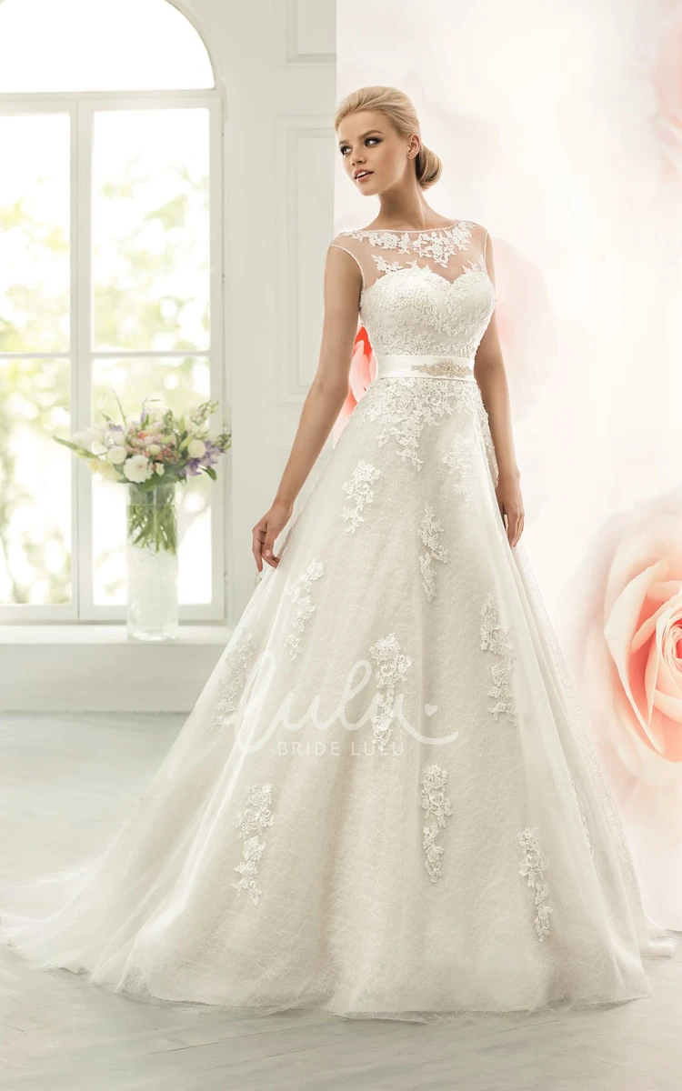 Lace Applique A-Line Wedding Dress with Cap-Sleeves and Waist Jewelry