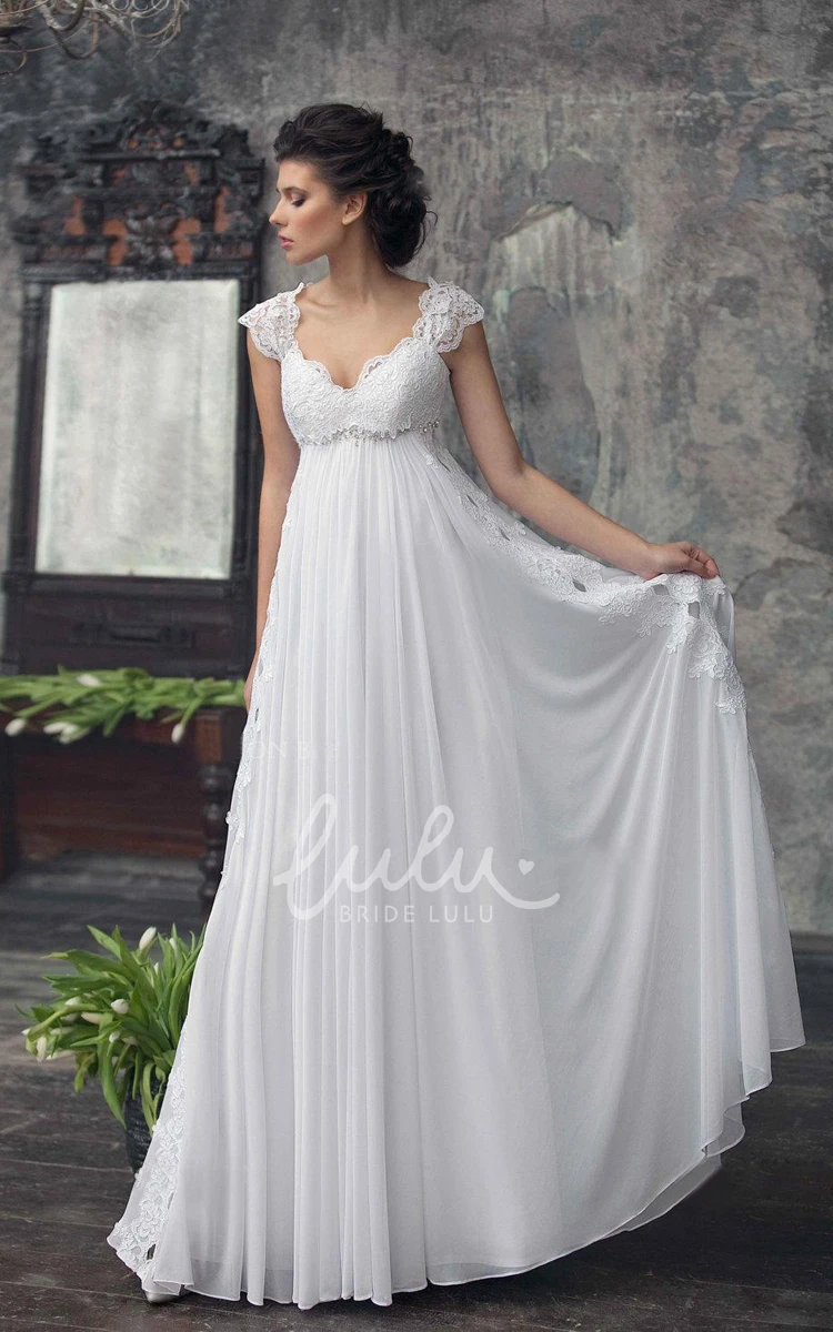 Applique Pleated Chiffon Dress with Empire Cap Sleeves