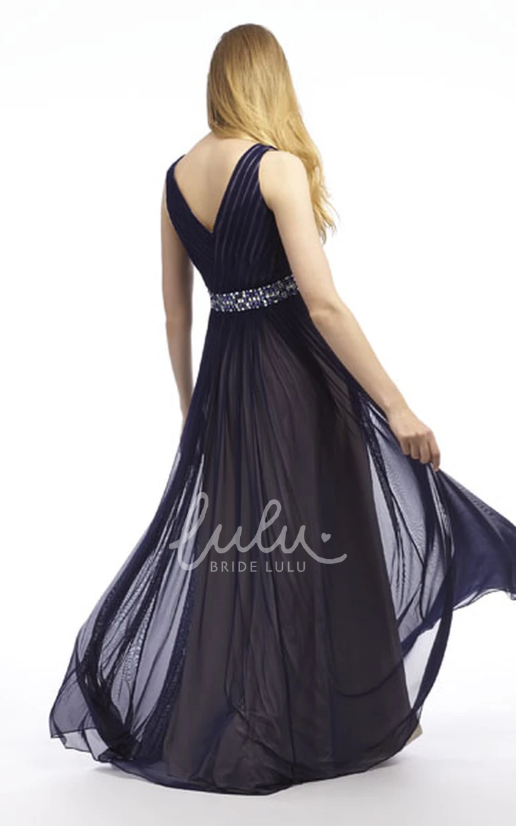 V-Neck Jeweled Tulle Prom Dress Sleeveless and Long