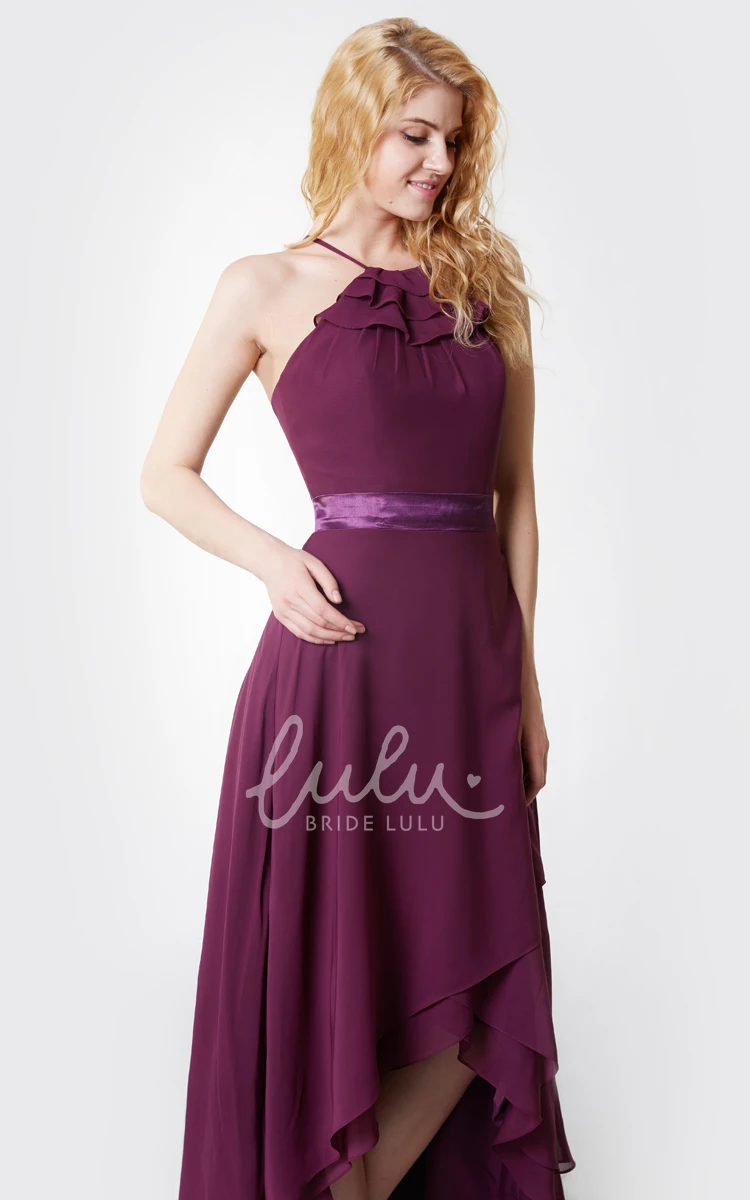 High Low Bridesmaid Dress with Sexy Back Halter & Chiffon