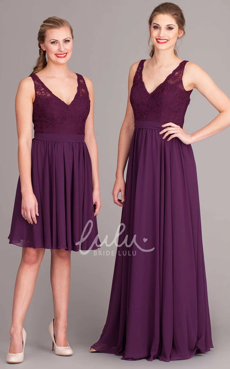 Pleated Chiffon V-Neck Bridesmaid Dress with Lace and Sleeveless Design