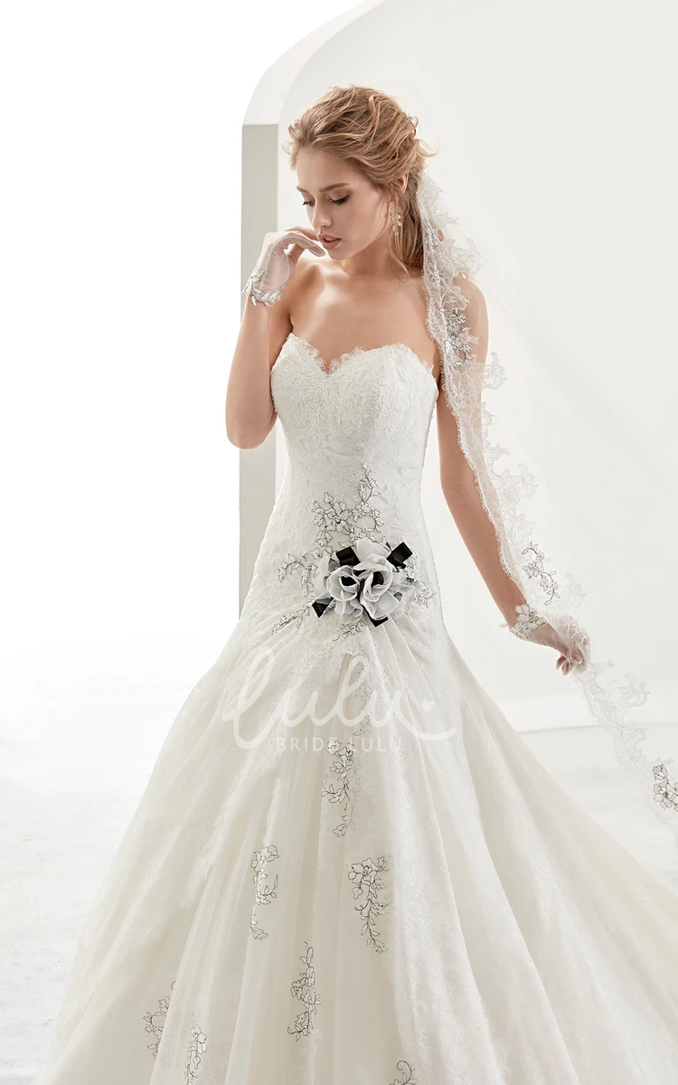 Lace-up Back Sweetheart Bridal Gown with Beaded Flower Lace and Asymmetrical Ruffles