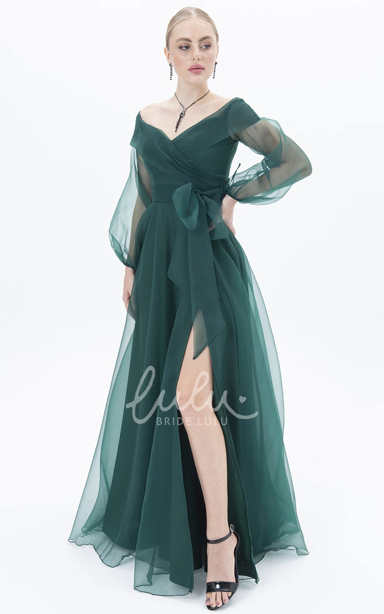 Long Sleeve A-line Tulle Prom Dress with Split Front Simple and Floor-length