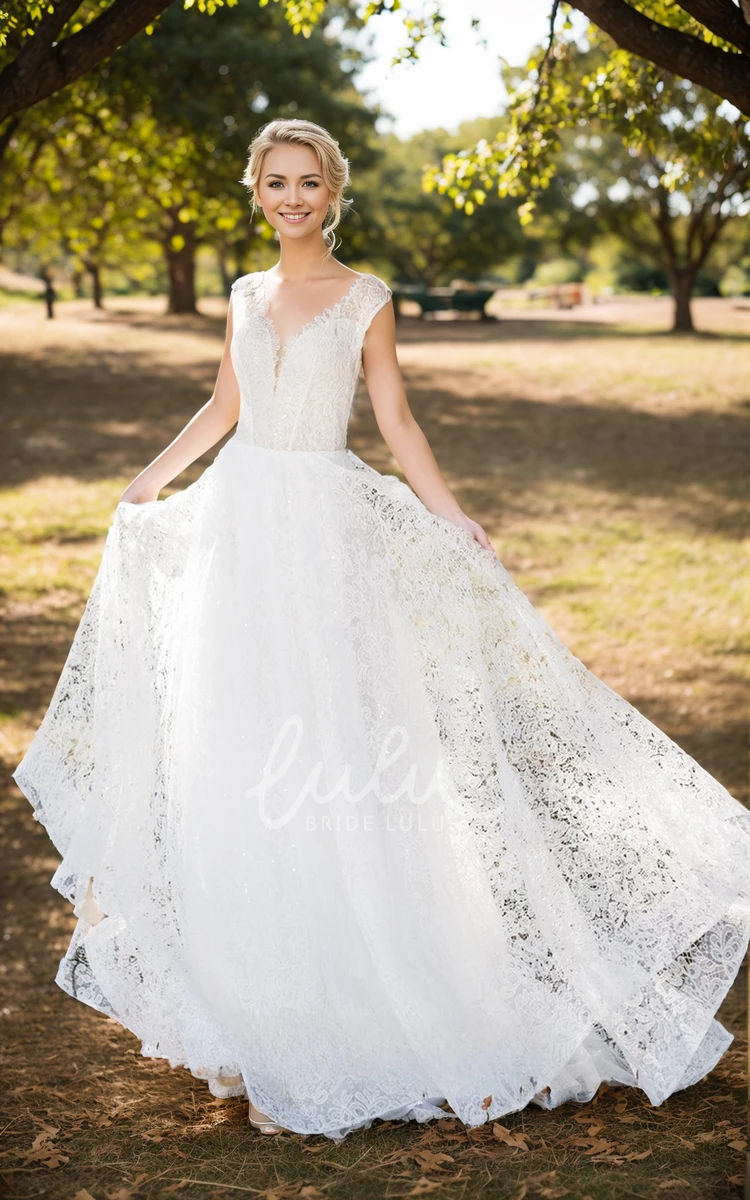 A-Line Modest Lace Wedding Dress Casual Country V-Neck Sleeveless Train Gown