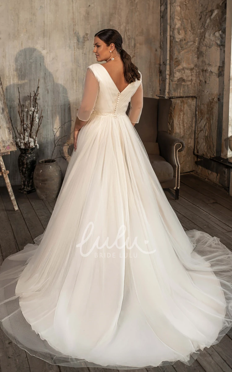 Tulle A Line Court Train Wedding Dress with Romantic V-neckline and Ruching