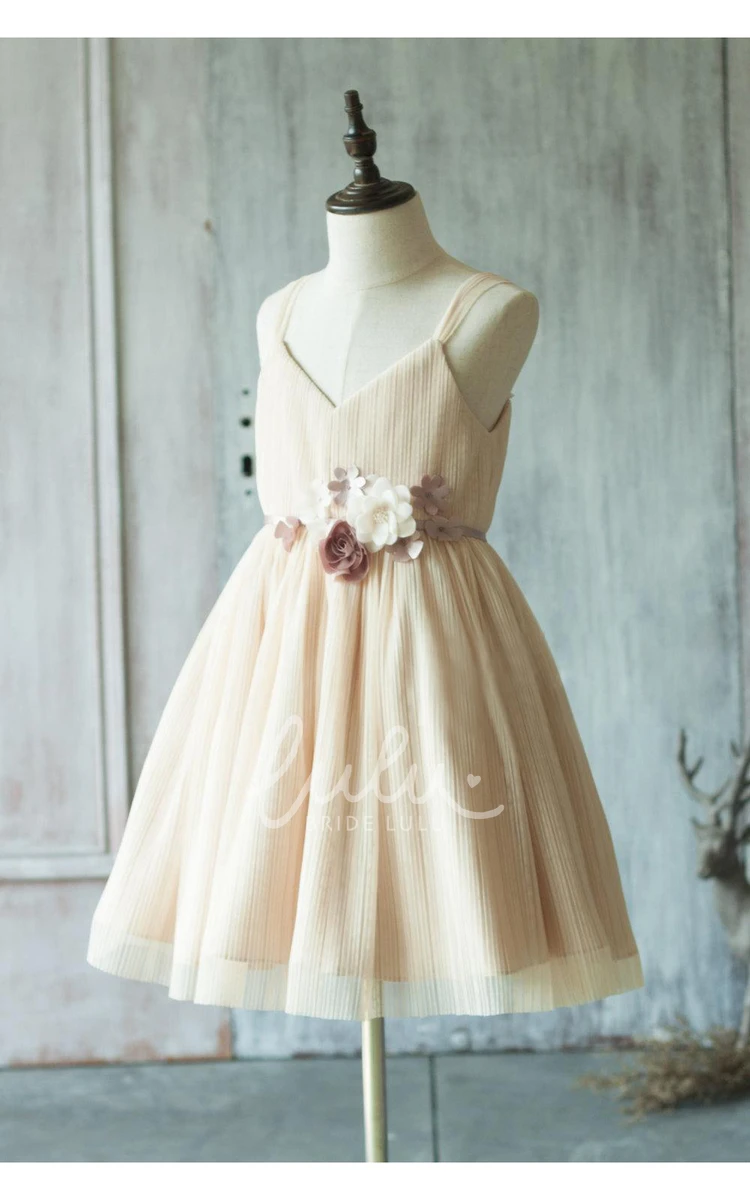 Beige Knee-Length Tulle Wedding Dress with Spaghetti Straps Bridesmaid Dress