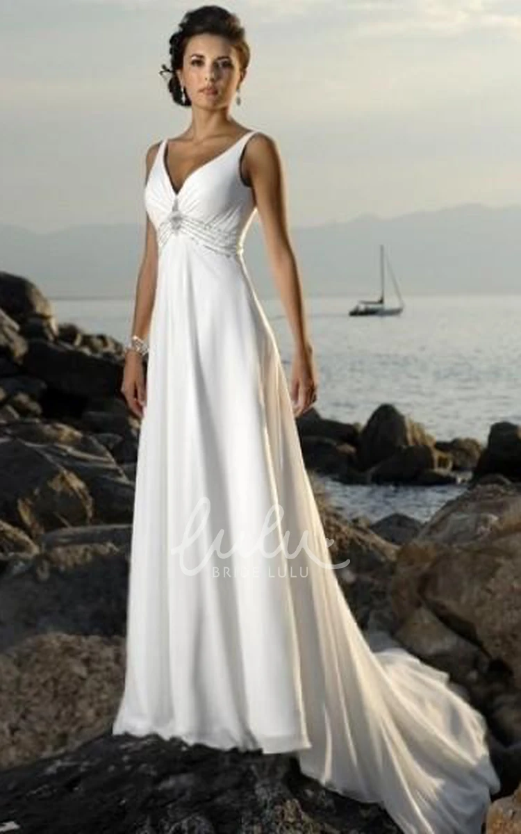 Sleeveless Chiffon Beach Wedding Dress with Empire V-Neck and Court Train