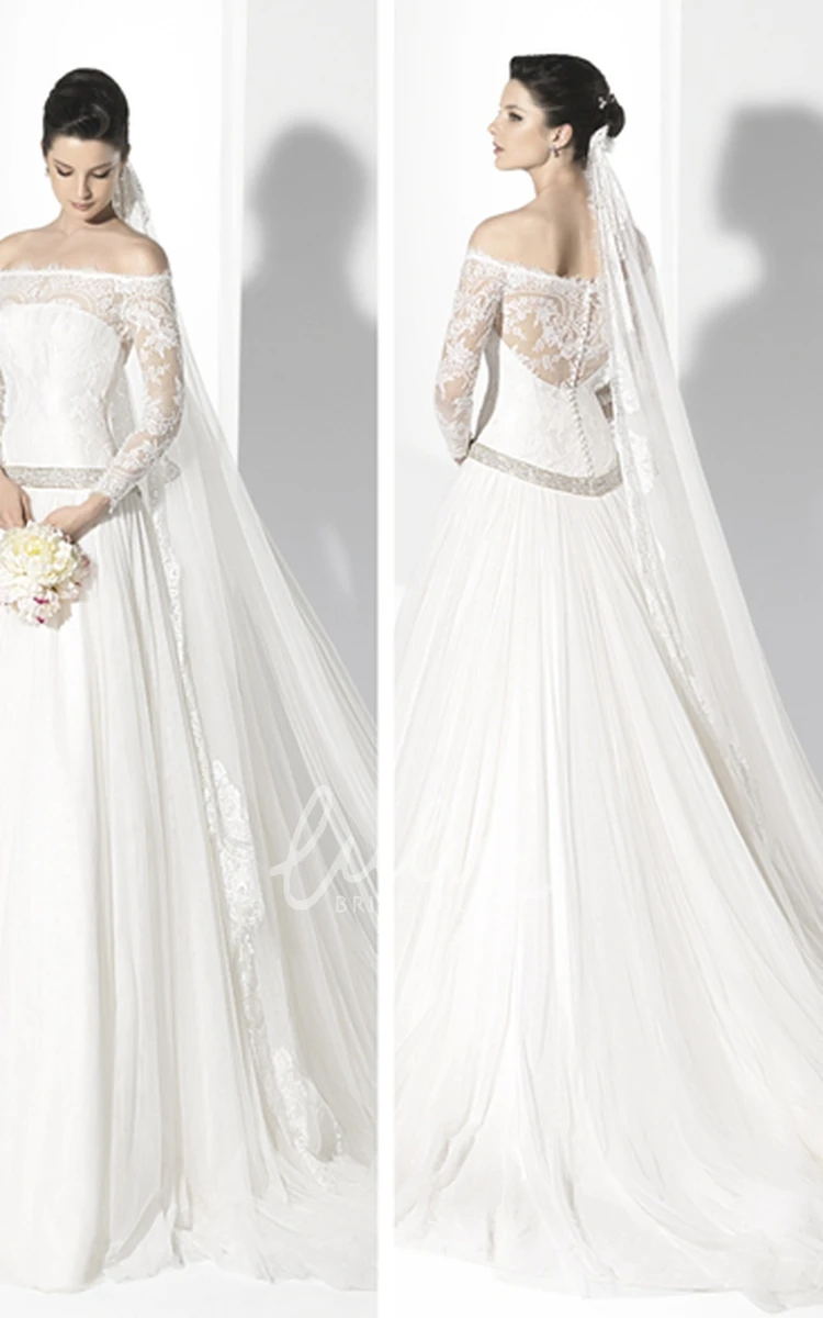 Chiffon Off-The-Shoulder Long-Sleeve Wedding Dress with Jeweled Lace and Illusion Classy Bridal Gown
