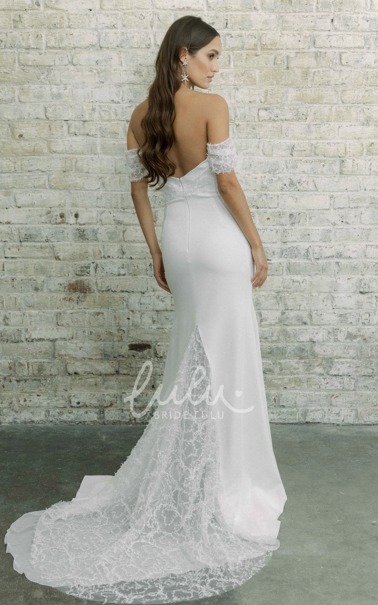 Satin Off-shoulder Sheath Floor-length Wedding Dress with Lace and Open Back