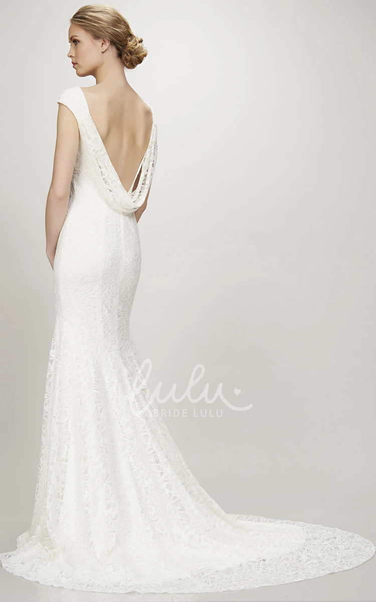 Cap-Sleeve Lace V-Neck Wedding Dress with Court Train and V Back