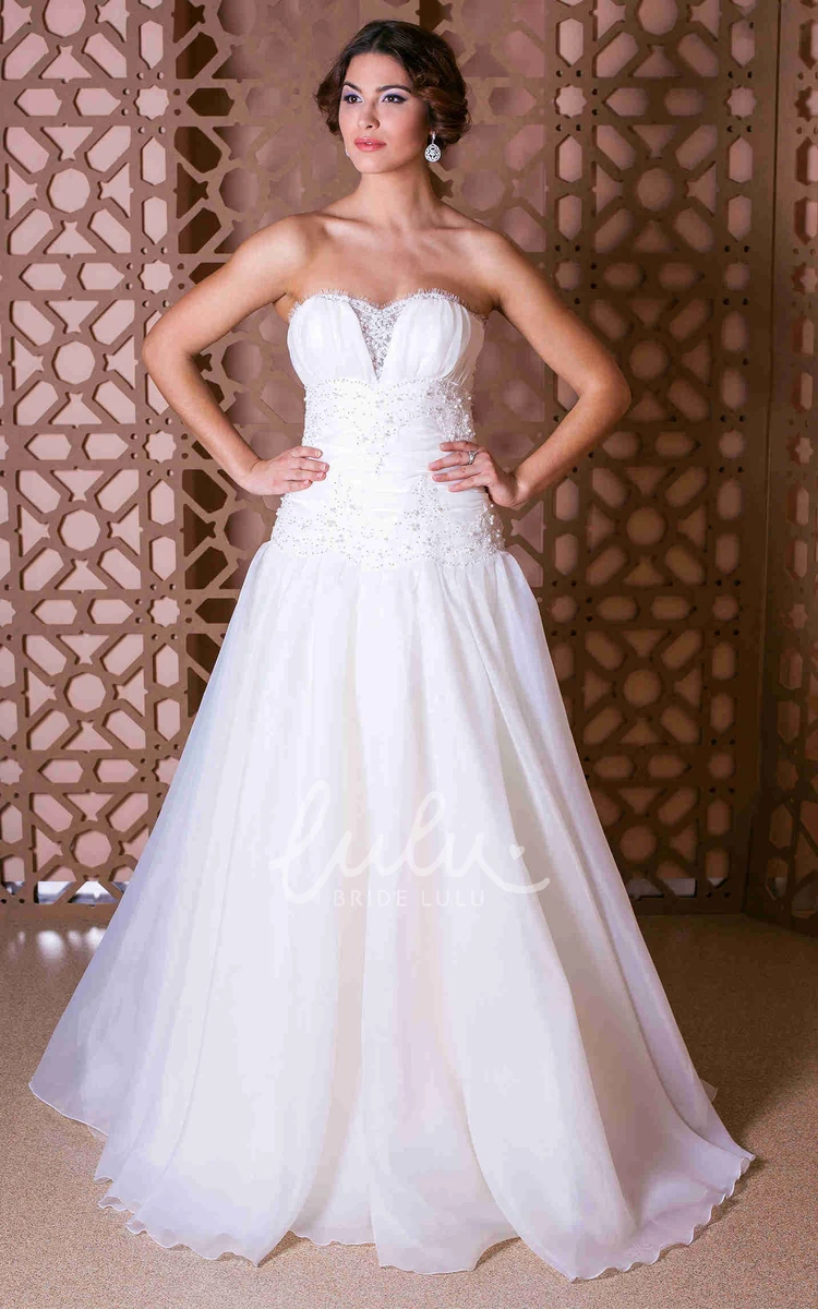 Organza Strapless A-Line Wedding Dress with Beading and Zipper Elegant Bridal Gown