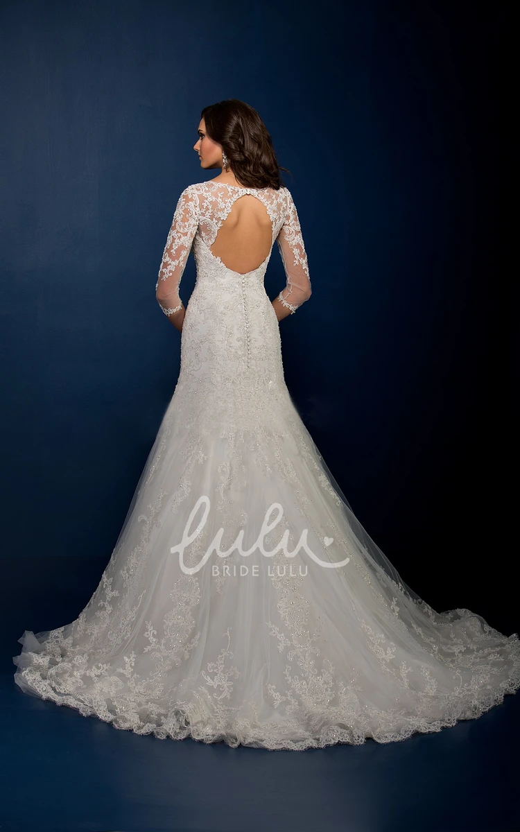 Long Sleeve Wedding Dress with Keyhole Back and Appliques Elegant Bridal Gown