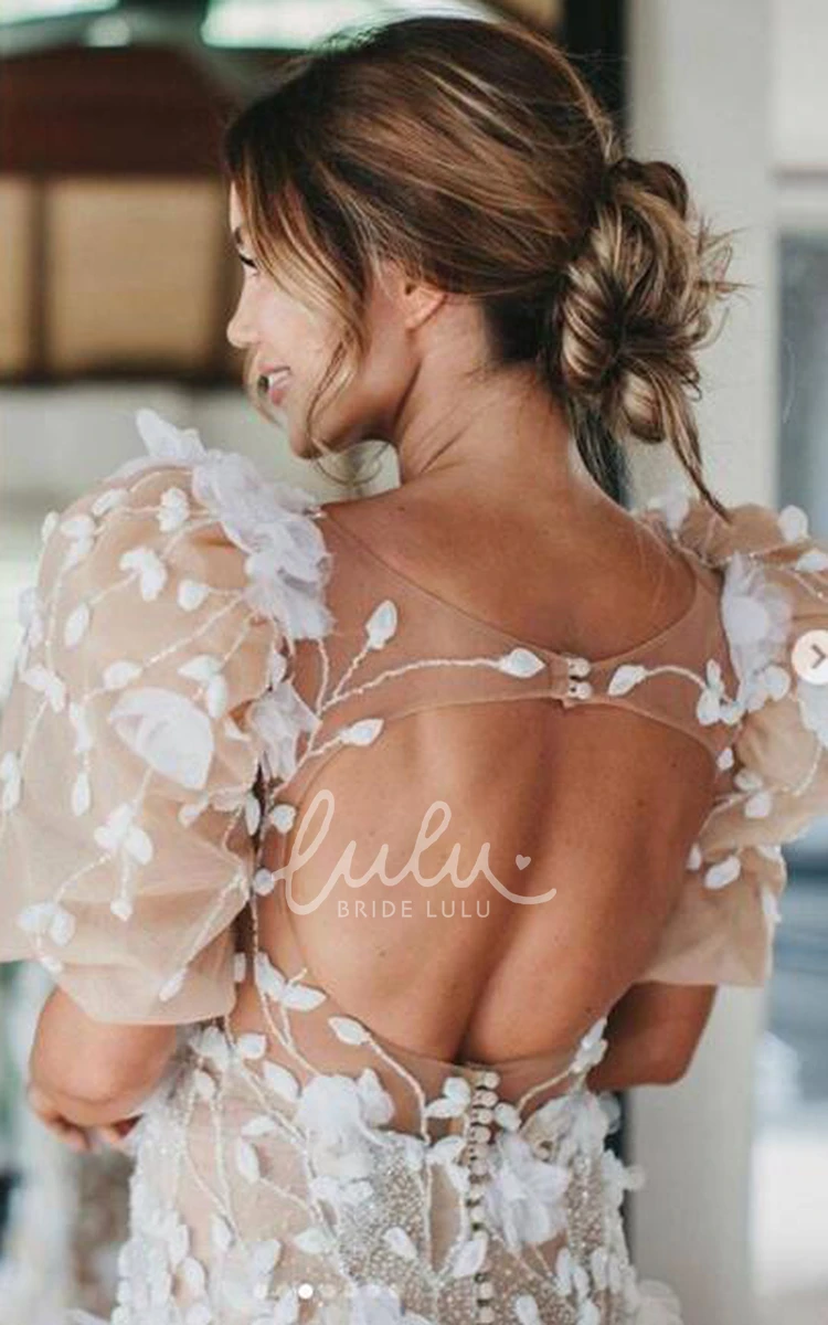 Tulle Wedding Dress Mermaid Romantic Ethereal 2024 Short Sleeve Applique