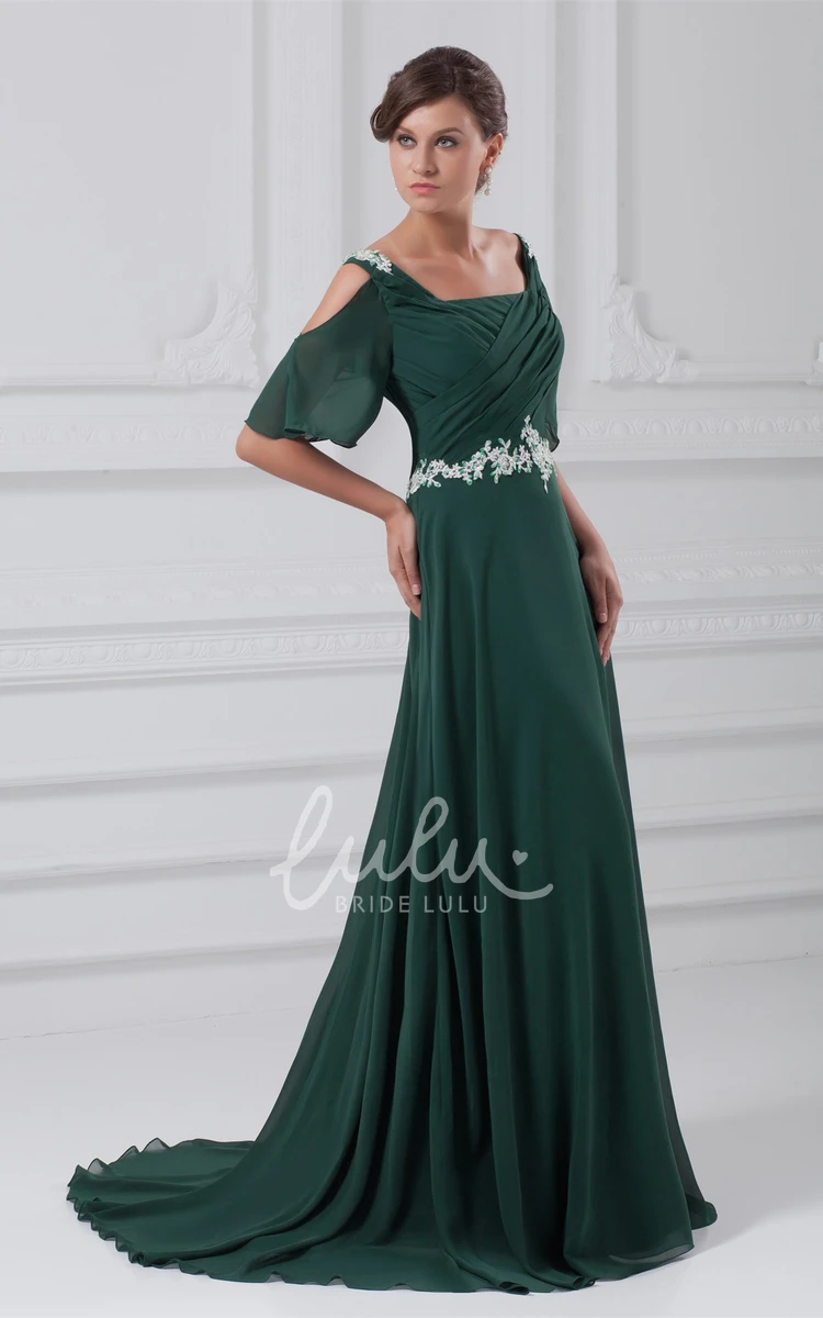 Square-Neck Maxi Chiffon Dress with Ruched Appliqued Waist Classy & Flowy