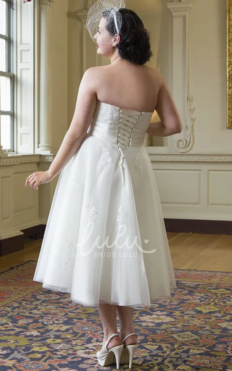 Tea Length Plus Size Lace Tulle Wedding Dress with Lace-Up
