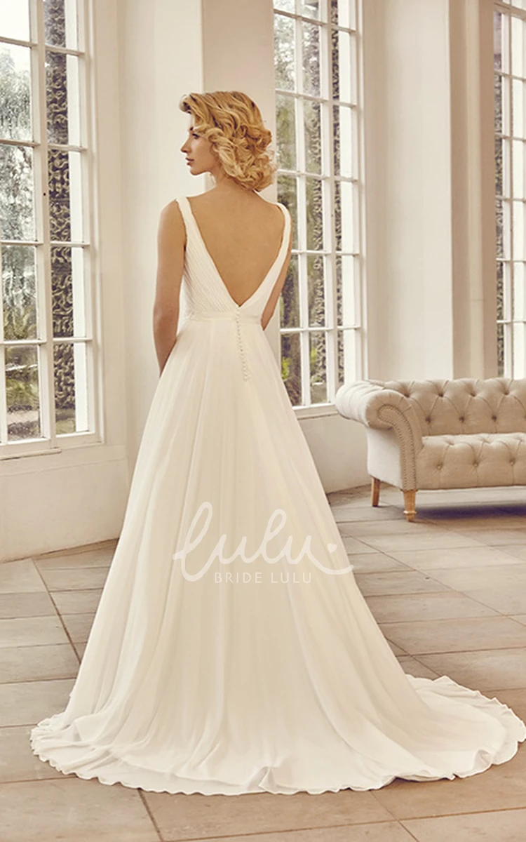 V-Neck Chiffon Wedding Dress with Criss-Cross Back and Court Train Elegant Bridal Gown