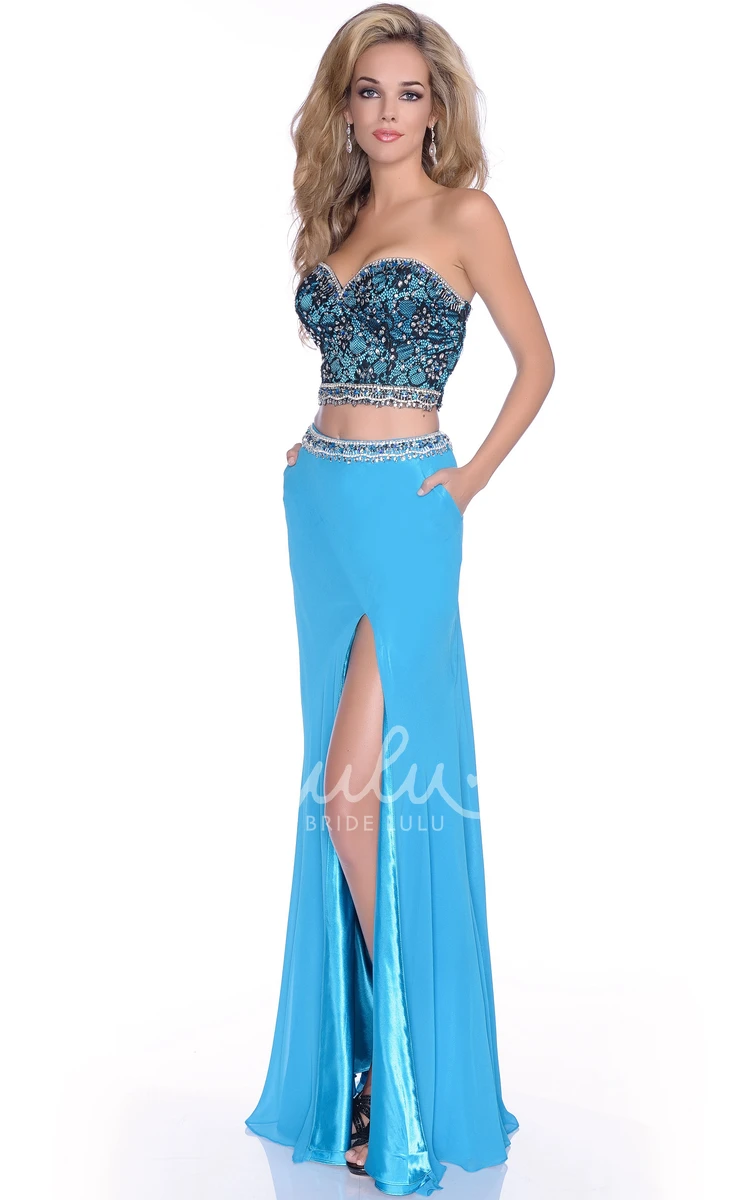 Sweetheart Column Prom Dress Front Slit Shining Bodice Crop Top