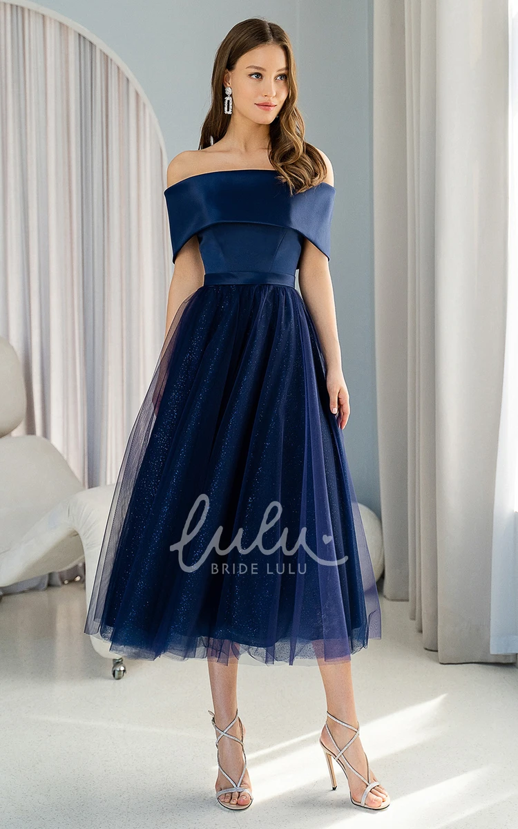 Off-the-shoulder Satin Tulle A-line Formal Dress Simple & Elegant