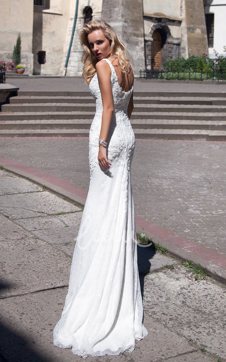 Lace Sheath Wedding Dress with Low-V Back and Pleats Sleeveless
