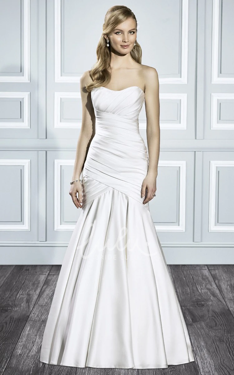 Long Trumpet Satin Wedding Dress with Ruching and V-Back