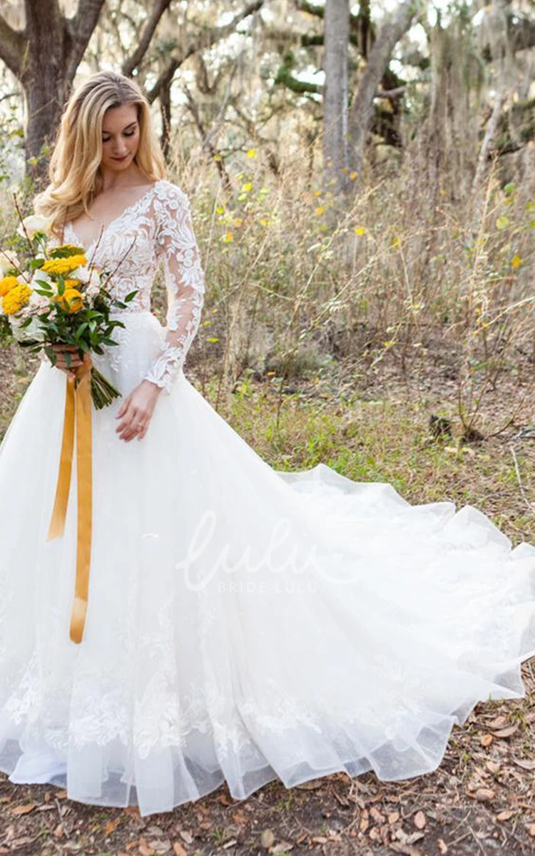 Applique Lace V-neck A-line Wedding Dress with Tulle and Long Sleeves