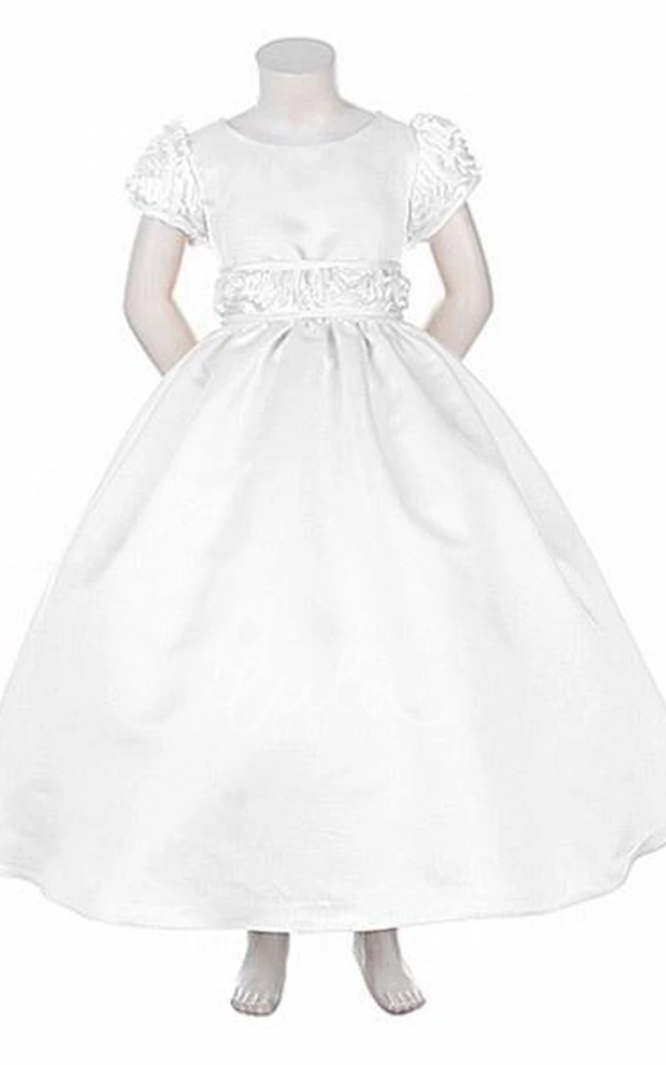 Embroidered Cap-Sleeve Tea-Length Flower Girl Dress with Tiers