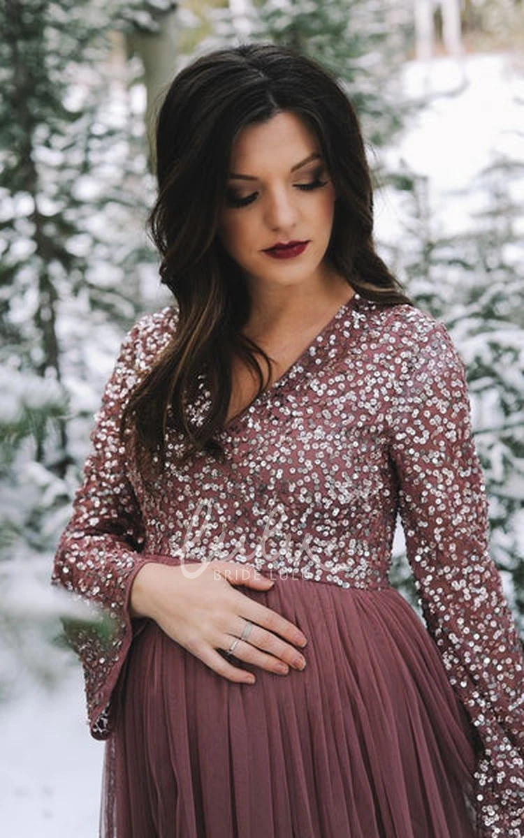 Sequin Maternity Guest Dress with Long Sleeves and V-Neck in Grape Tulle