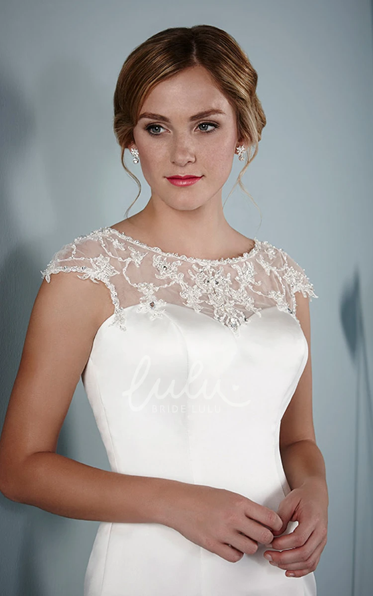 Satin A-Line Wedding Dress with Cap Sleeves and Beading Scoop Neck