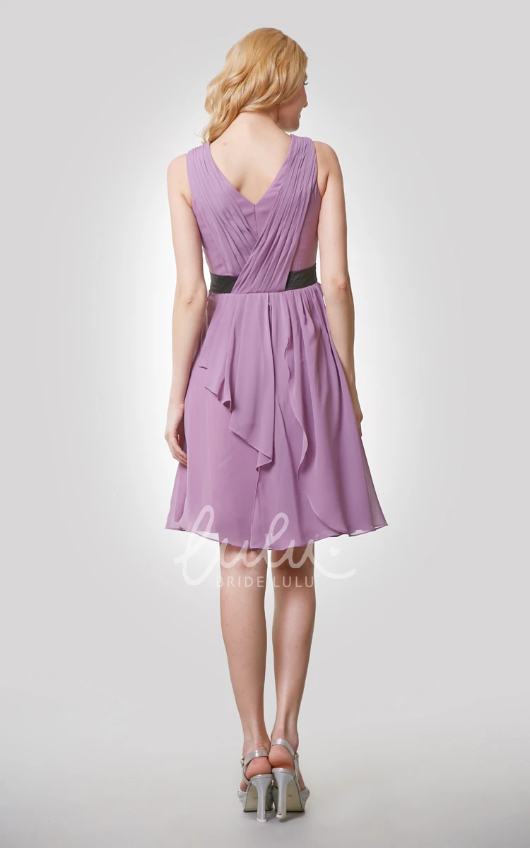 V-Neck Sleeveless Chiffon Dress With Pleats and Draping Knee Length