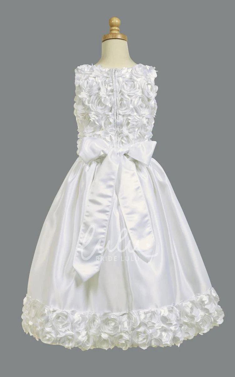 Tiered Satin Tea-Length Flower Girl Dress with Floral Embroidery