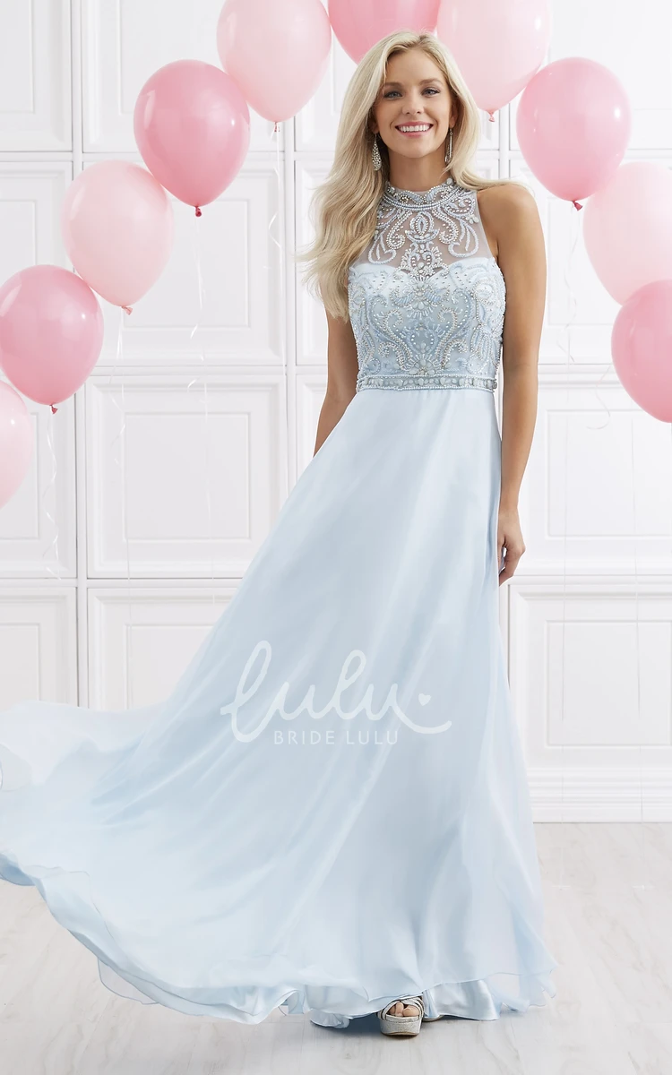 Maxi High Neck Sleeveless A-Line Prom Dress with Beading in Chiffon Fabric