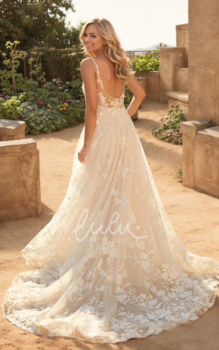 Flowy Summer A-Line Modest Lace Wedding Dress with Sexy Straps Open Back Sweep Train