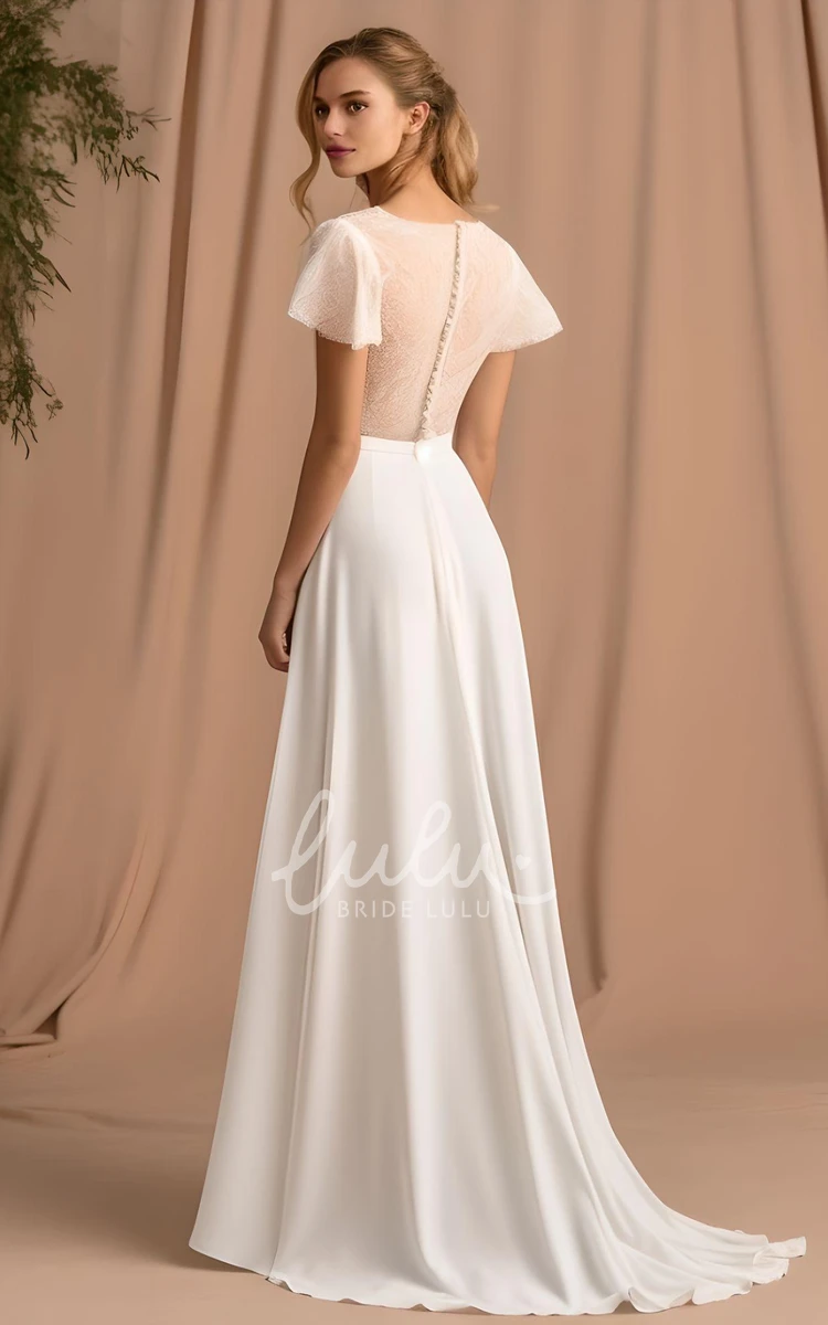 A-Line Satin V-neck Short Sleeve Wedding Dress Elegant Beach Court Unique