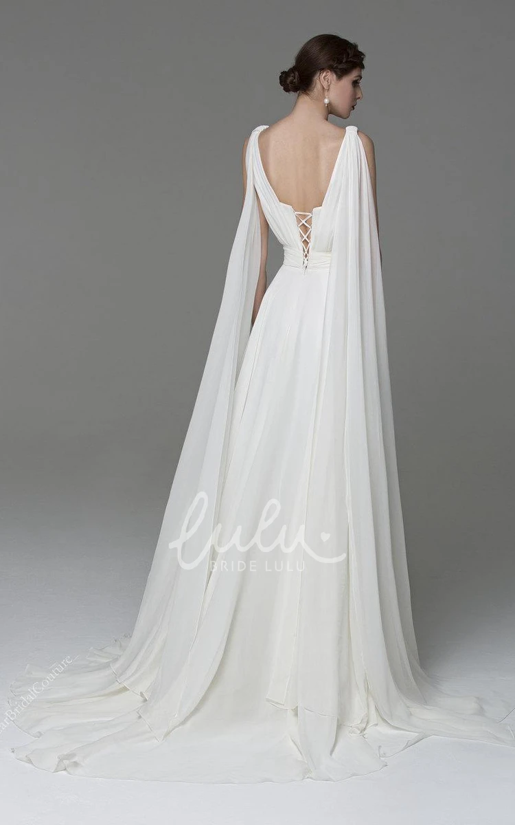 A-Line Chiffon Wedding Dress with Watteau Train V-Neck Bridal Gown