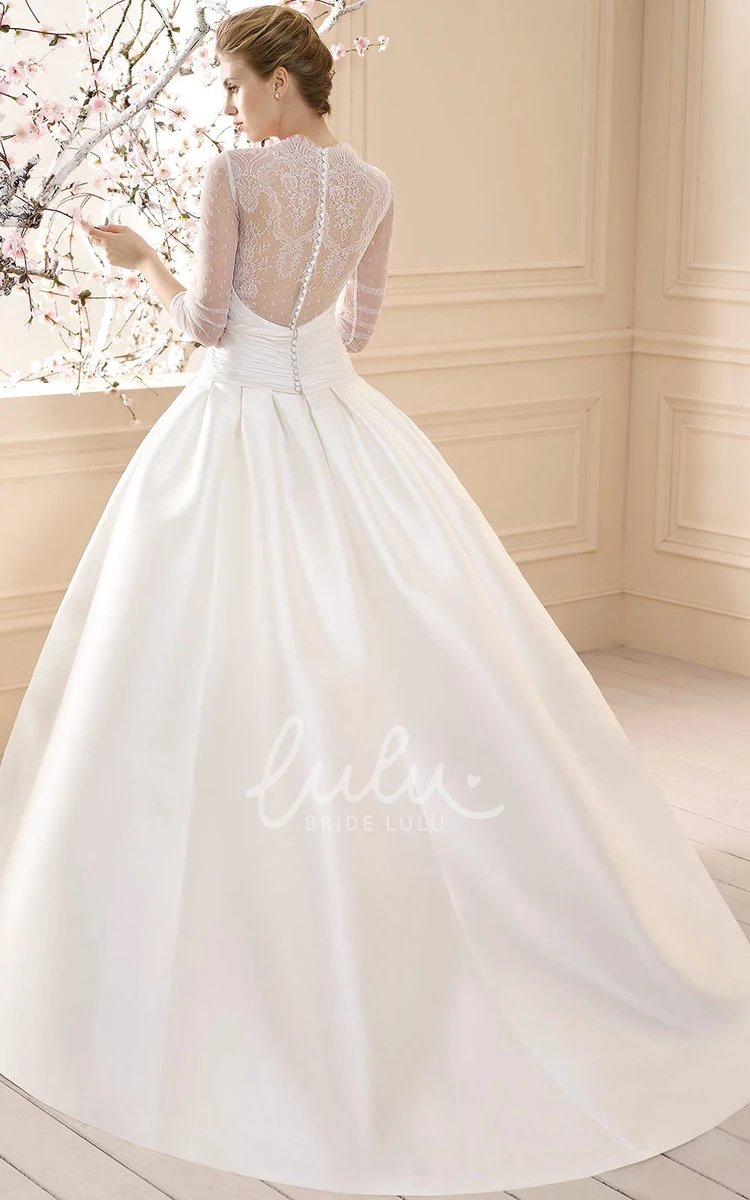 Long Sleeve High-Neck Satin Wedding Dress with Lace Classy Bridal Gown