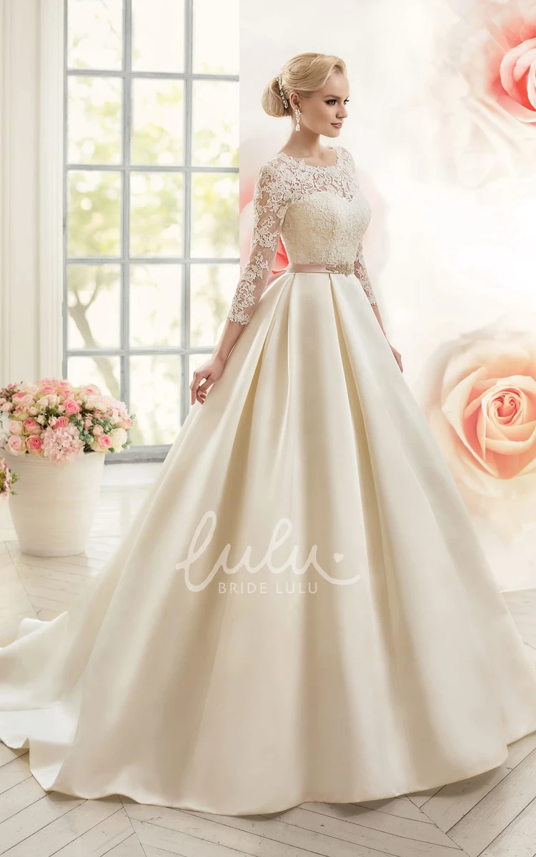 A-Line Satin Lace Dress with Scoop Neckline Long Sleeves and Waist Jewelry