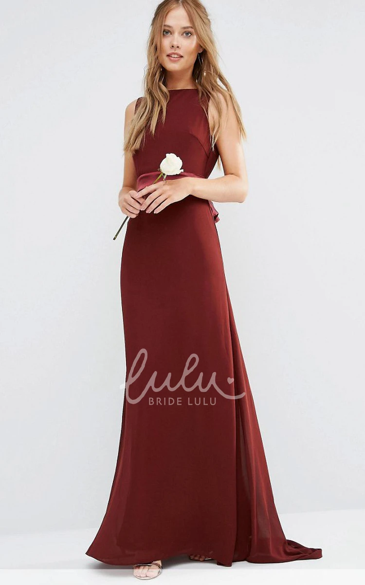 Maxi A-Line Chiffon Bridesmaid Dress with Jewel-Neck and Bow Sleeveless