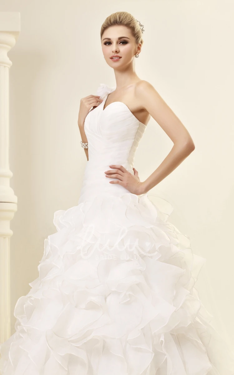 One-Shoulder A-Line Organza Wedding Dress With Ruffles and Criss-Cross Detail