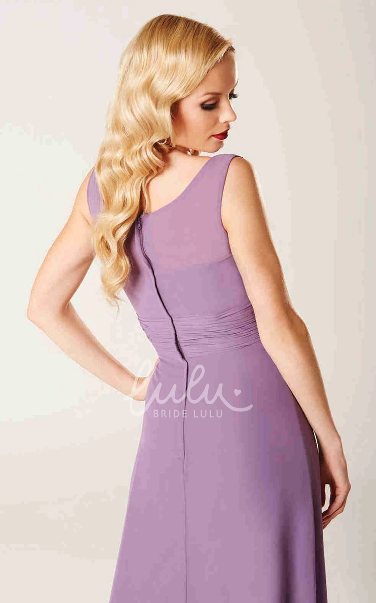 Sleeveless Chiffon Ruched Scoop Neck Bridesmaid Dress with Illusion Back