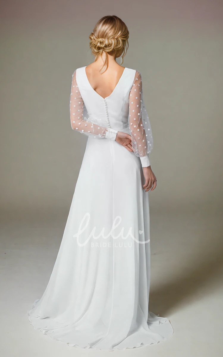 A-line Classic Polka Dot Dress Adorable Illusion Long Sleeve V-Neck V-Back Trailing Wedding Dress