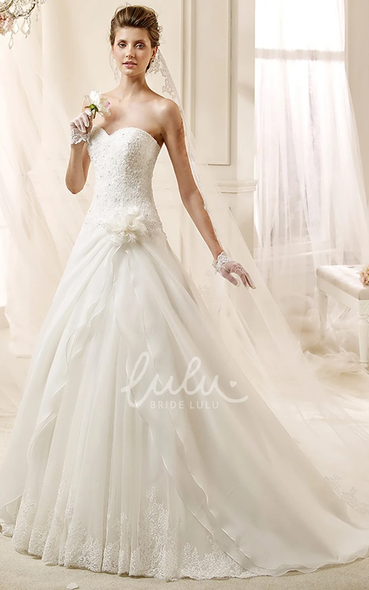 Asymmetrical Ruched A-line Wedding Dress with Brush Train Sweetheart Flower Bridal Gown