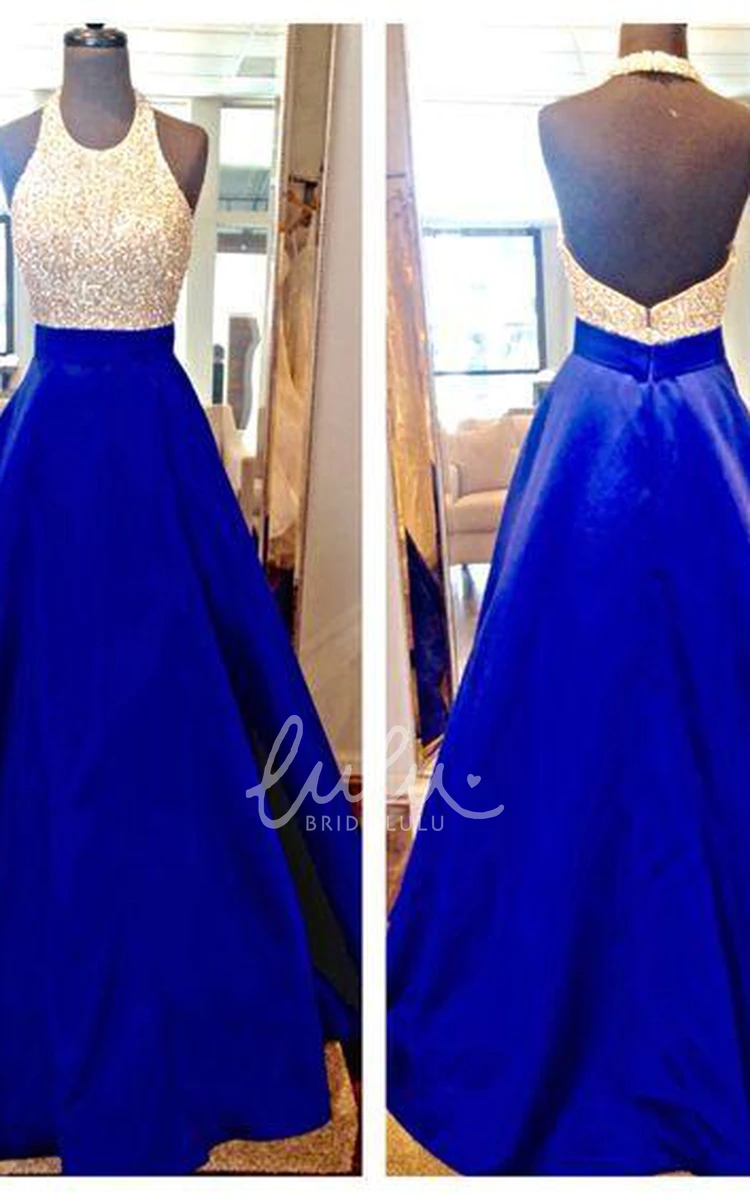 Halter Ball Gown Evening Dress with Beadings and Sleeveless Cut