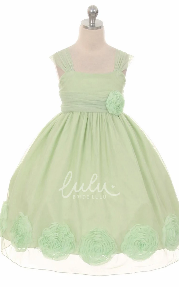 Empire Pleated Floral Flower Girl Dress with Tea-Length and Sash