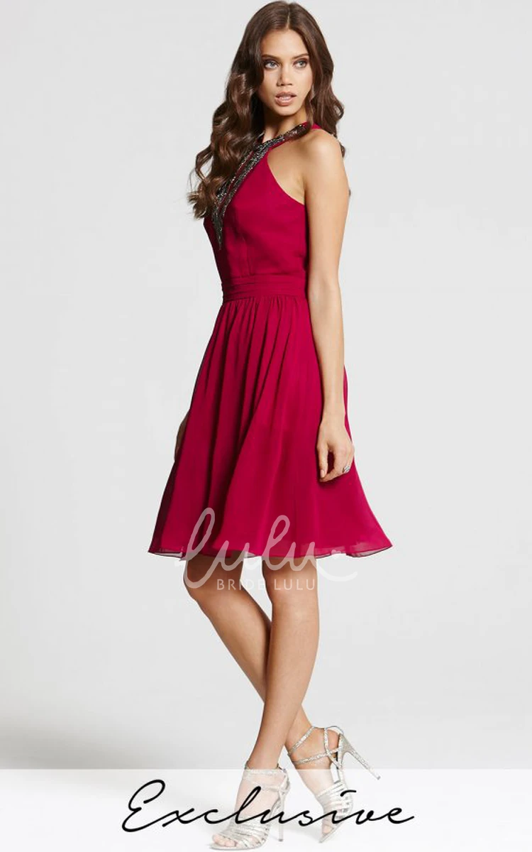 Beaded Chiffon Bridesmaid Dress A-Line Mini Dress with Sleeveless Scoop Neck