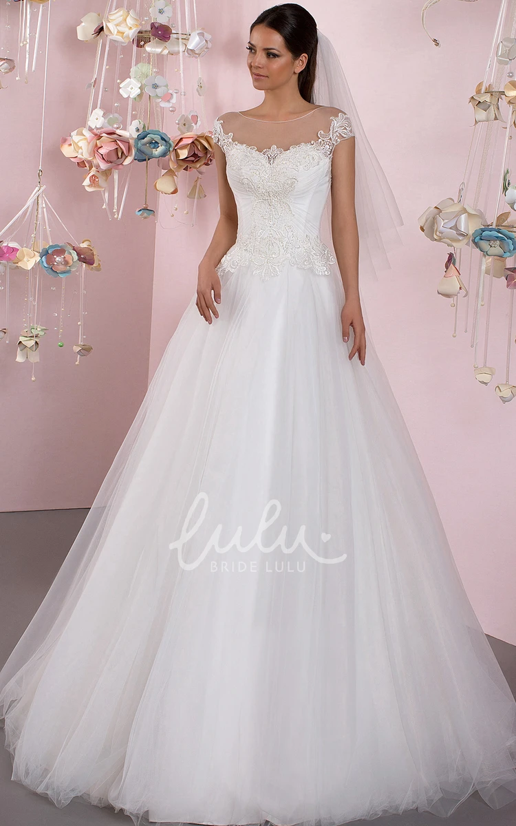 Tulle Cap Sleeve A-Line Wedding Dress with Applique Classic Bridal Gown