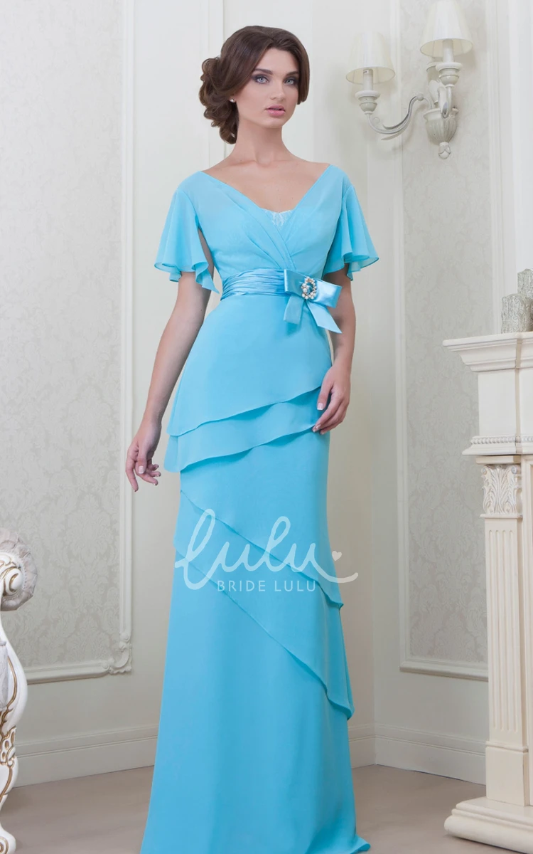 Floor-Length V-Neck Chiffon Bridesmaid Dress with Poet-Sleeves Bows and Tiers