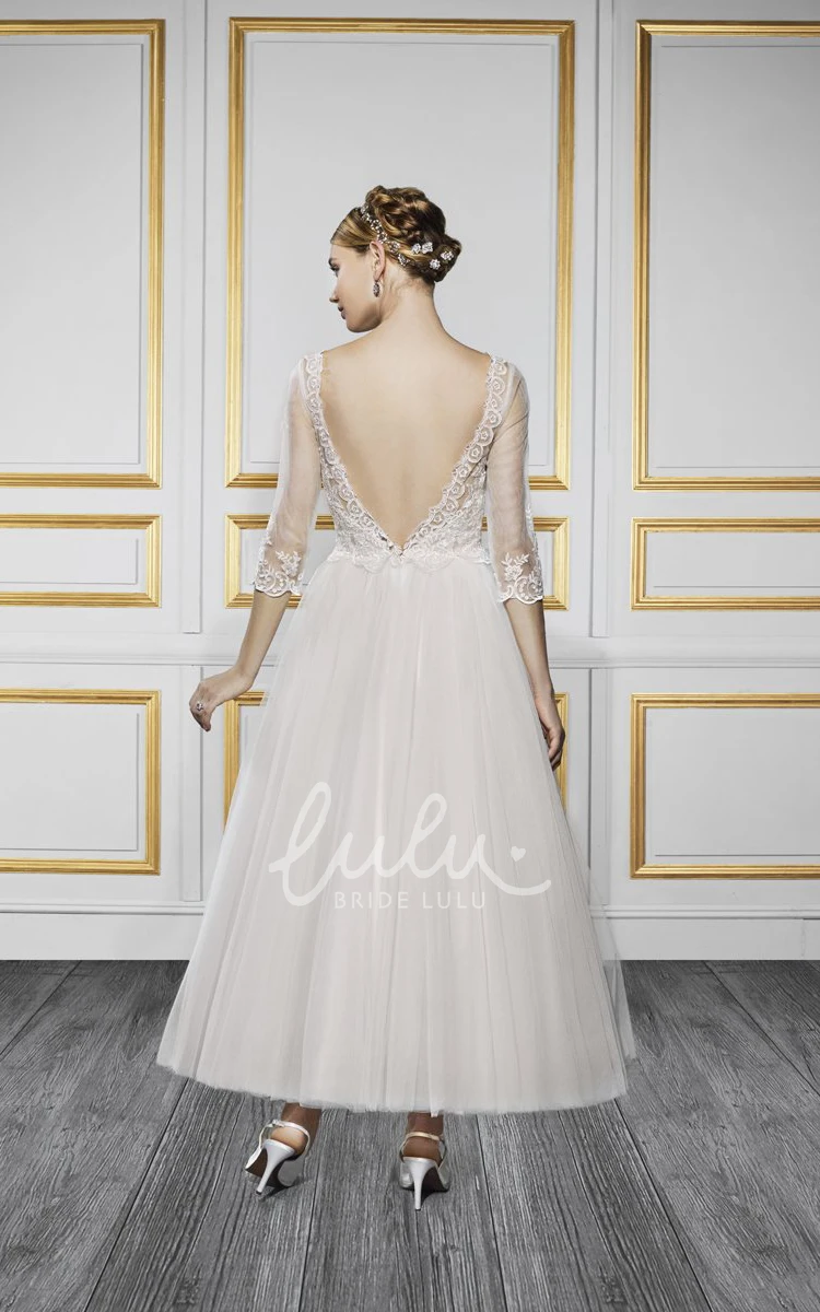 Appliqued Tulle 3-4 Sleeve Bateau Neck Wedding Dress Vintage Bridal Gown