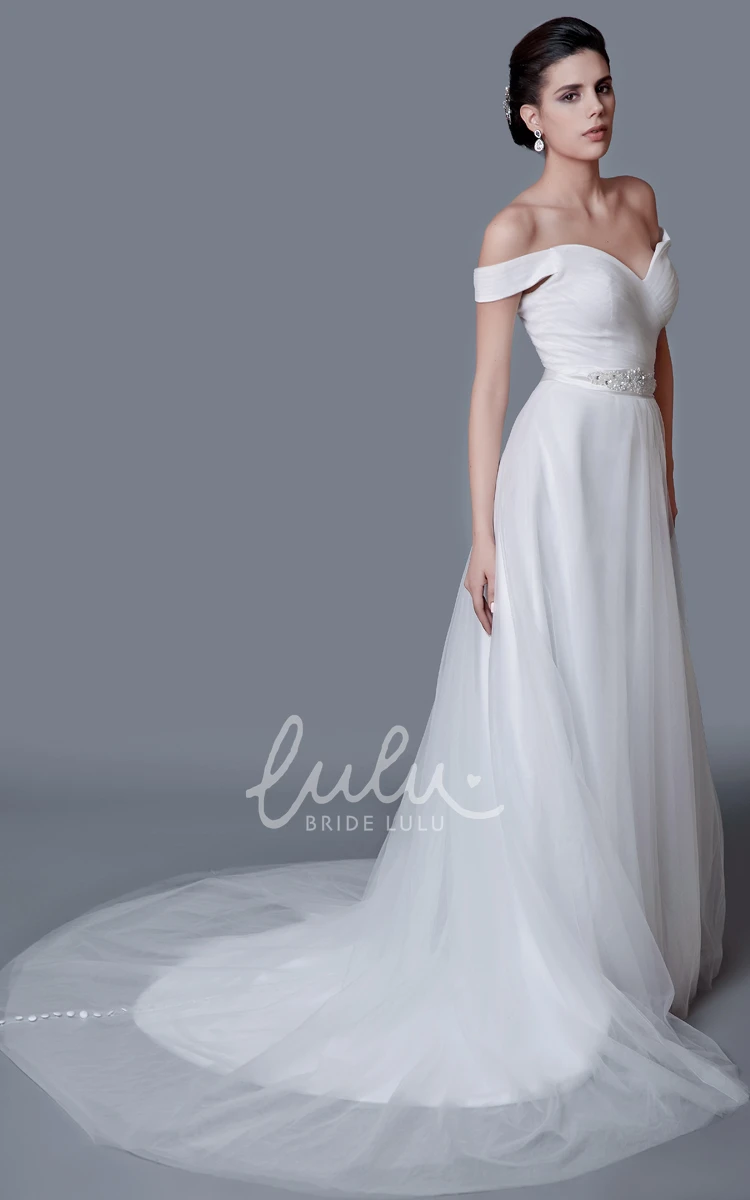 A-line Tulle Wedding Dress with Off-the-shoulder Neckline and Elegant Style